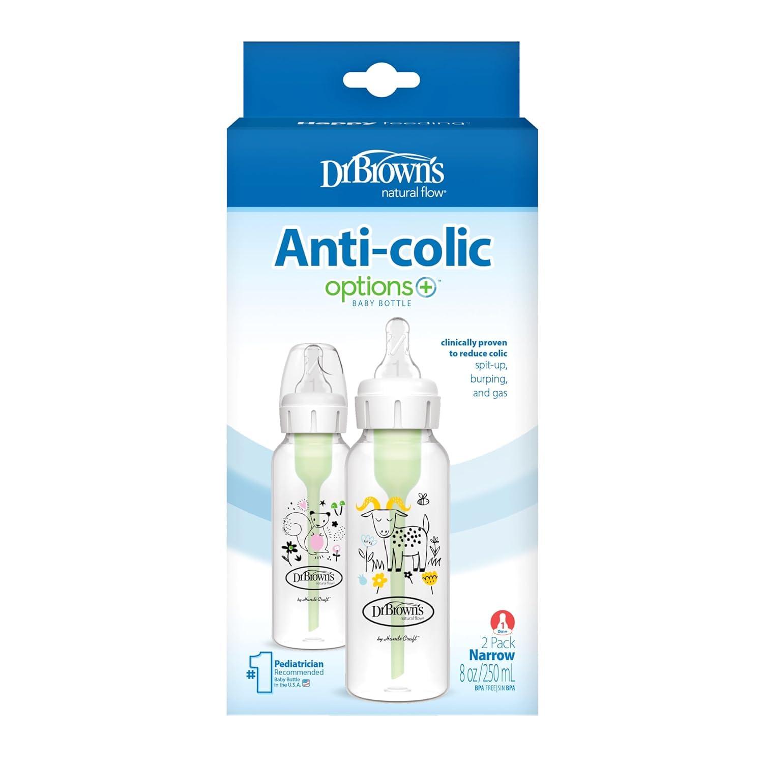 image:imageDr Browns Natural Flow AntiColic Options Narrow Baby Bottle 8 oz250 mL with Level 1 Slow Flow Nipple BPA Free 0m Squirrel Goat Bear Owl 4Pack