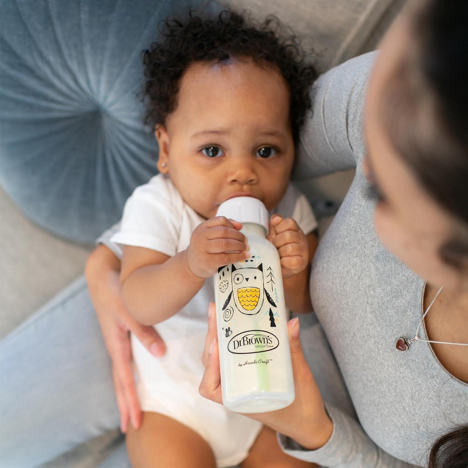 image:imageDr Browns Natural Flow AntiColic Options Narrow Baby Bottle 8 oz250 mL with Level 1 Slow Flow Nipple BPA Free 0m Squirrel Goat Bear Owl 4Pack