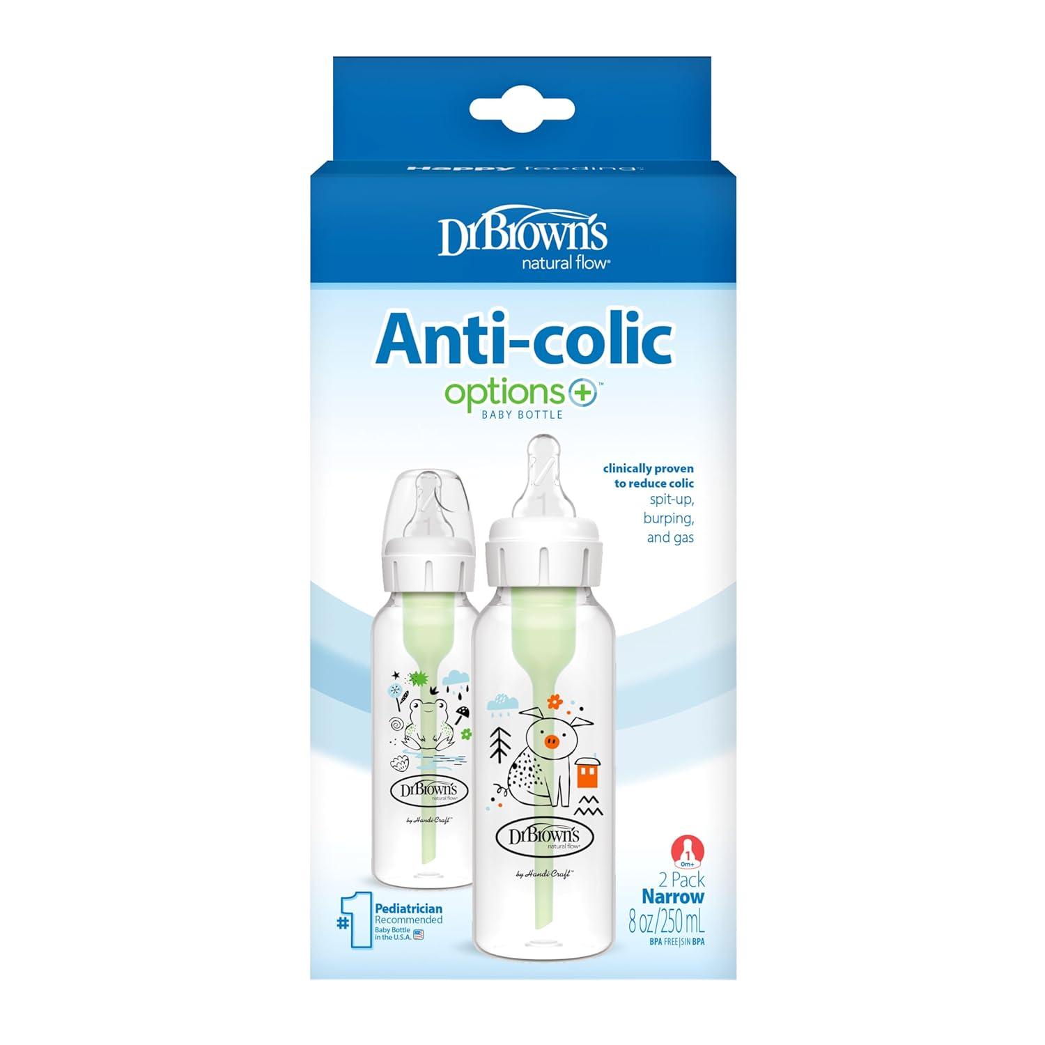 image:imageDr Browns Natural Flow AntiColic Options Narrow Baby Bottle Frog and Pig 8 oz250 mL with Level 1 Slow Flow Nipple BPAFree 0m 2Pack1 Count Pack of 2