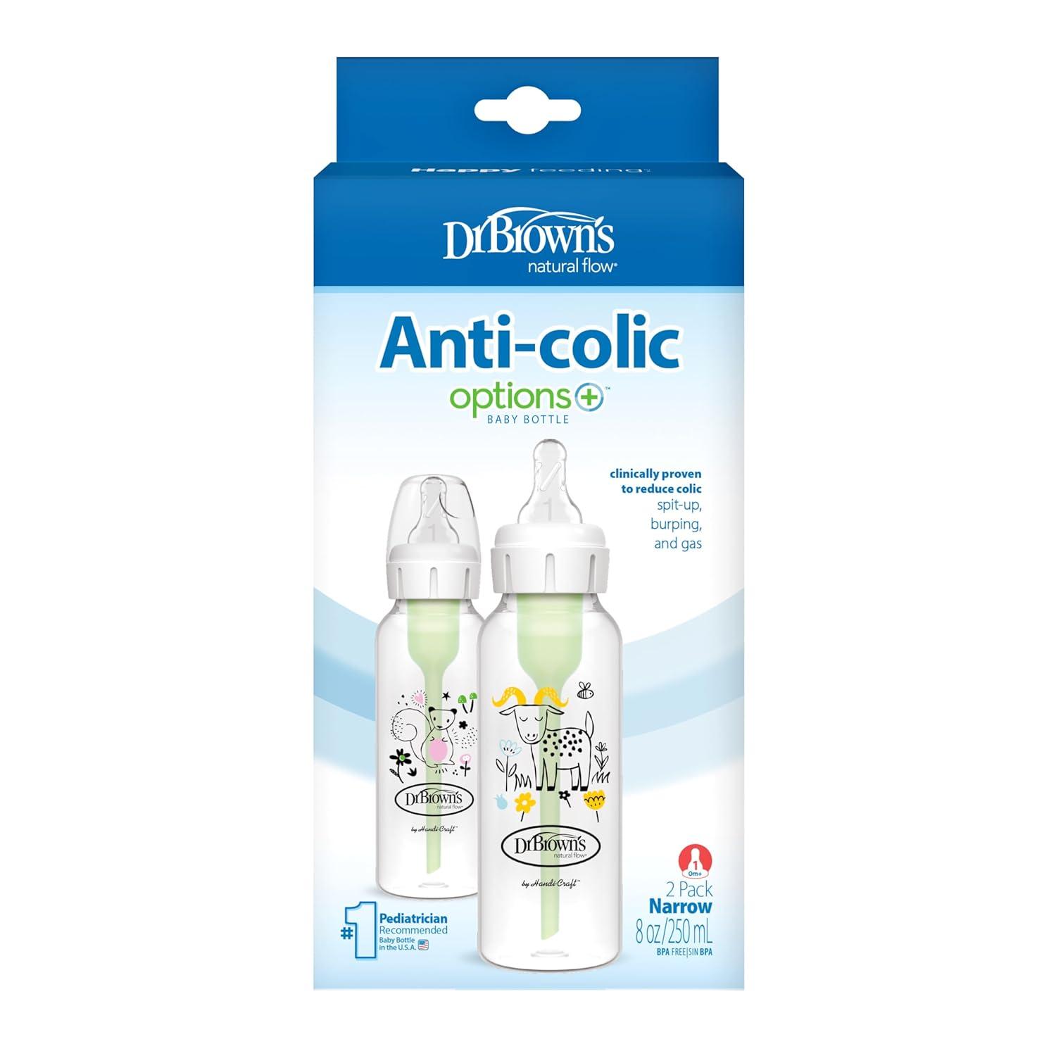 image:imageDr Browns Natural Flow AntiColic Options Narrow Baby Bottle Goat and Squirrel 8 oz250 mL with Level 1 Slow Flow Nipple BPA Free 0m 2Pack1 Count Pack of 2