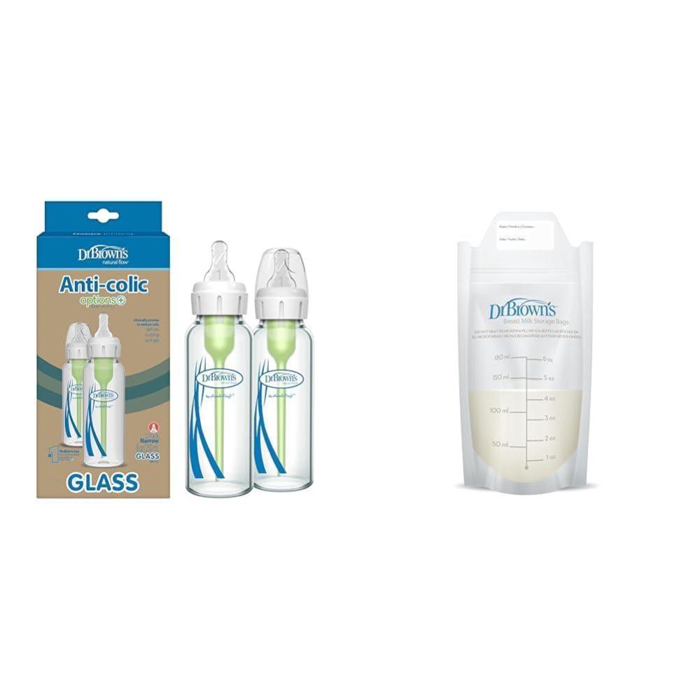 image:imageDr Browns AntiColic Narrow Glass Baby Bottle 8 oz Level 1 Slow Flow Nipple 2 Pack 100 Count 6 oz Breast Milk Storage Bags