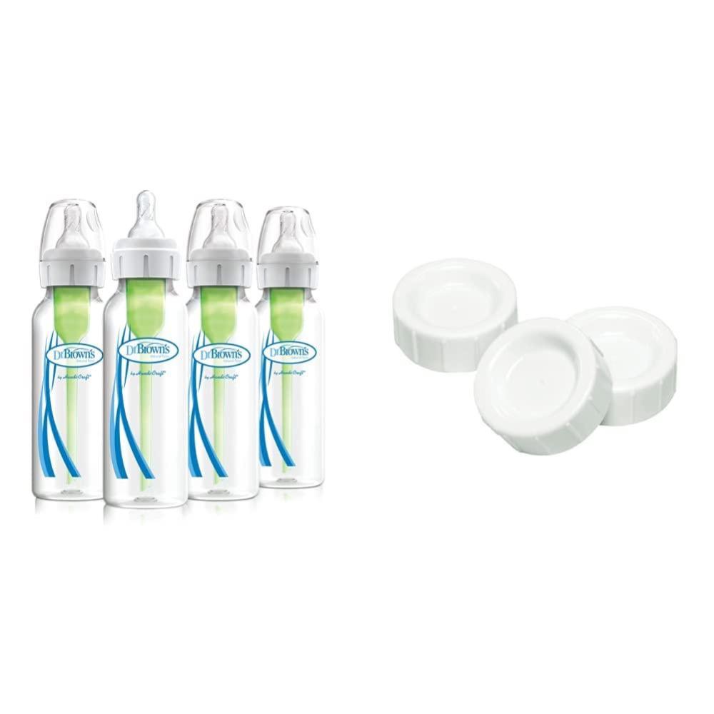 image:imageDr Browns AntiColic Options Narrow Baby Bottles 8 oz 4 Pack with Slow Flow Nipple 0m and Travel Caps Narrow 3 Pack