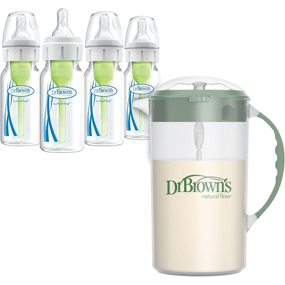 image:imageDr Browns Baby Formula Mixing Pitcher 36oz Blue with AntiColic Options Narrow Baby Bottles 4 Pack 4 ozVariety Pack Olive and 4Pack 4oz Bottles