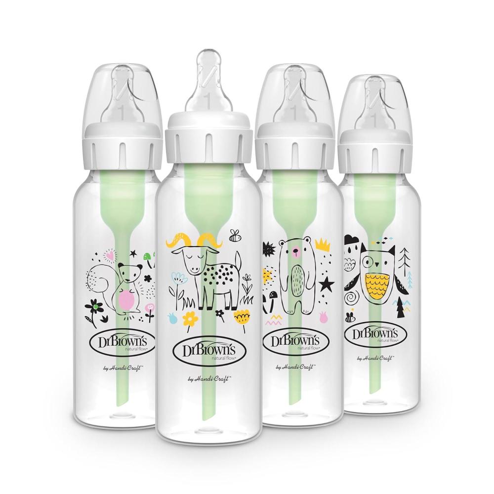 image:imageDr Browns Natural Flow AntiColic Options Narrow Baby Bottle 8 oz250 mL with Level 1 Slow Flow Nipple BPA Free 0m Squirrel Goat Bear Owl 4Pack