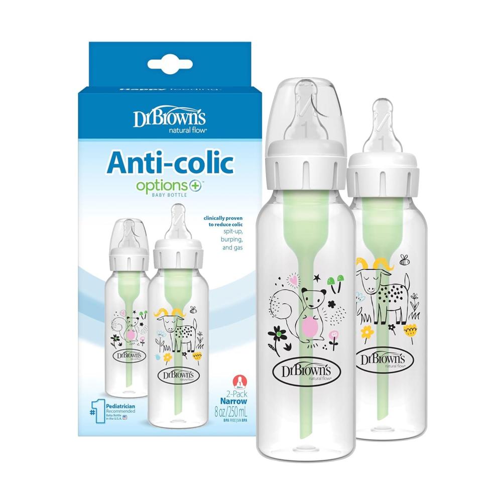 image:imageDr Browns Natural Flow AntiColic Options Narrow Baby Bottle Goat and Squirrel 8 oz250 mL with Level 1 Slow Flow Nipple BPA Free 0m 2Pack1 Count Pack of 2
