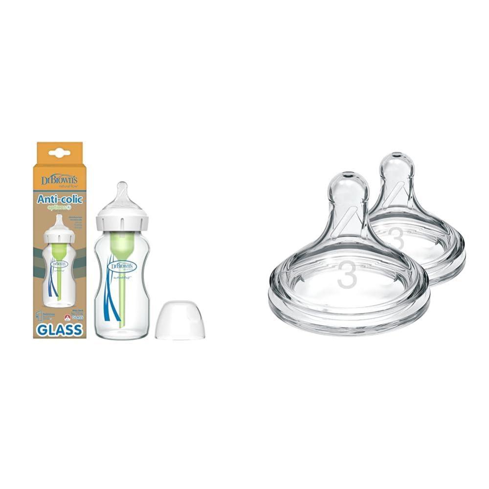 image:imageDr Browns Natural Flow AntiColic Options WideNeck Glass Baby Bottle 9 oz270 mL with Level 1 Slow Flow Nipple and Level 3 MediumFast Flow Nipples