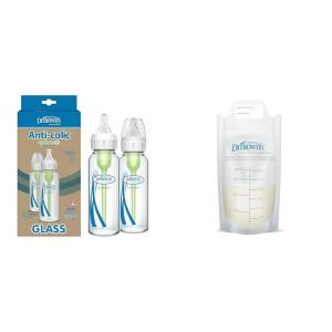 image:imageDr Browns AntiColic Narrow Glass Baby Bottle 8 oz Level 1 Slow Flow Nipple 2 Pack  100 Count 6 oz Breast Milk Storage Bags