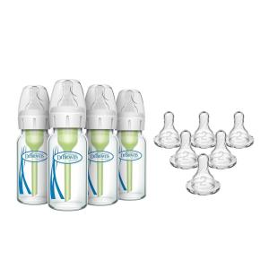 image:imageDr Browns AntiColic Narrow Glass Baby Bottles 4 oz 4Pack with Level 1 Nipples  Level 2 Medium Flow Narrow Silicone Nipples 6Pack Bundle BPA Free 0m and 3m