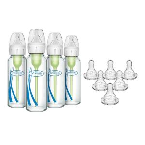 image:imageDr Browns AntiColic Narrow Glass Baby Bottles 8 oz 4Pack with Level 1 Nipples  Level 2 Medium Flow Narrow Silicone Nipples 6Pack Bundle BPA Free 0m and 3m4 Ounce