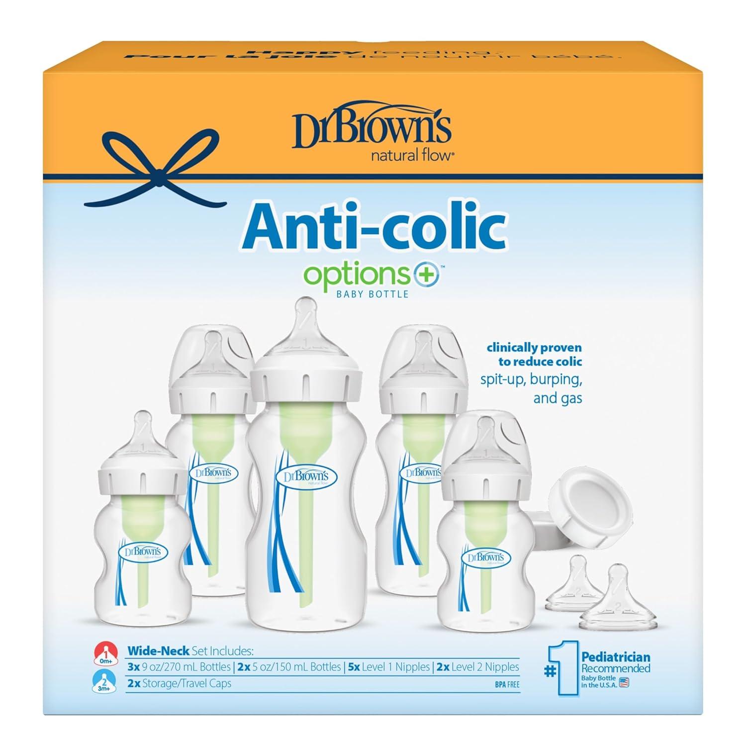 image:imageDr Browns AntiColic Options WideNeck Baby Bottle Feeding Set 5 oz9 oz with Bottle Travel Caps Packaging May VaryNewborn Feeding Set