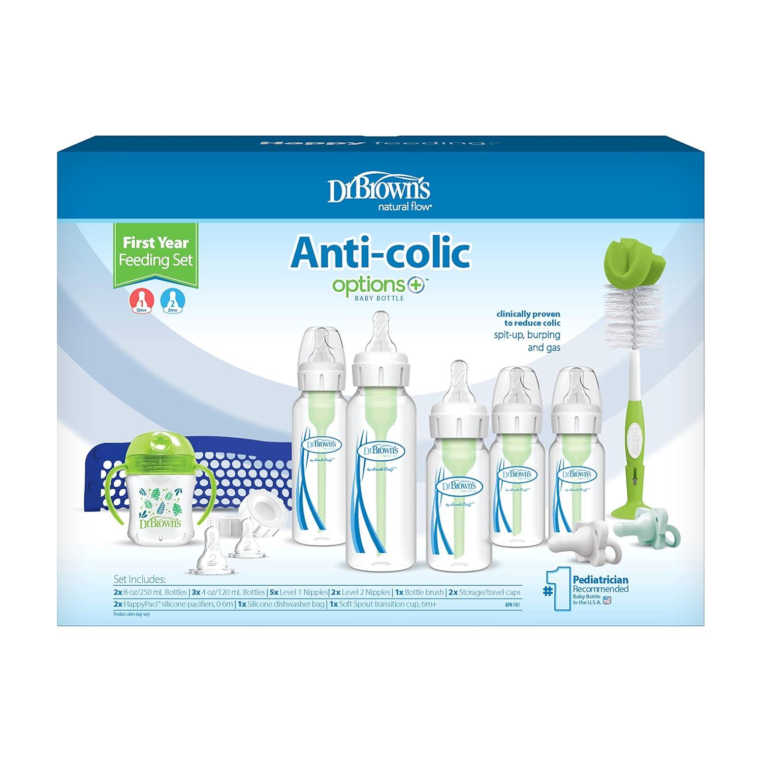 image:imageDr Browns Natural Flow AntiColic Options First Year Feeding Set with Newborn Baby Bottles Soft Spout Transition Cup Bottle Cleaning Brush amp 100 Silicone HappyPaci Pacifier 0m19 Piece First Year Feeding Set