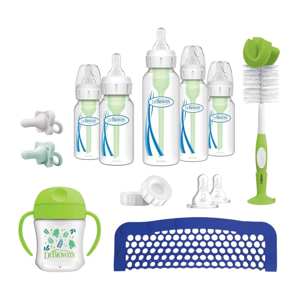 image:imageDr Browns Natural Flow AntiColic Options First Year Feeding Set with Newborn Baby Bottles Soft Spout Transition Cup Bottle Cleaning Brush amp 100 Silicone HappyPaci Pacifier 0m19 Piece First Year Feeding Set