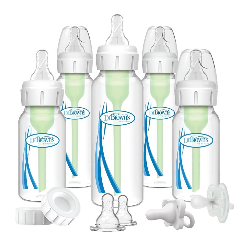 image:imageDr Browns Natural Flow AntiColic Options Narrow Baby Bottle Gift Set with Advantage Pacifier amp Bottle Travel Caps 0m15 Piece Baby Bottle Gift Set