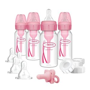 image:imageDr Browns AntiColic Baby Feeding Set with Slow Flow Nipples Travel Caps Silicone Pacifier  PinkPink  Breast to Bottle Feeding Set