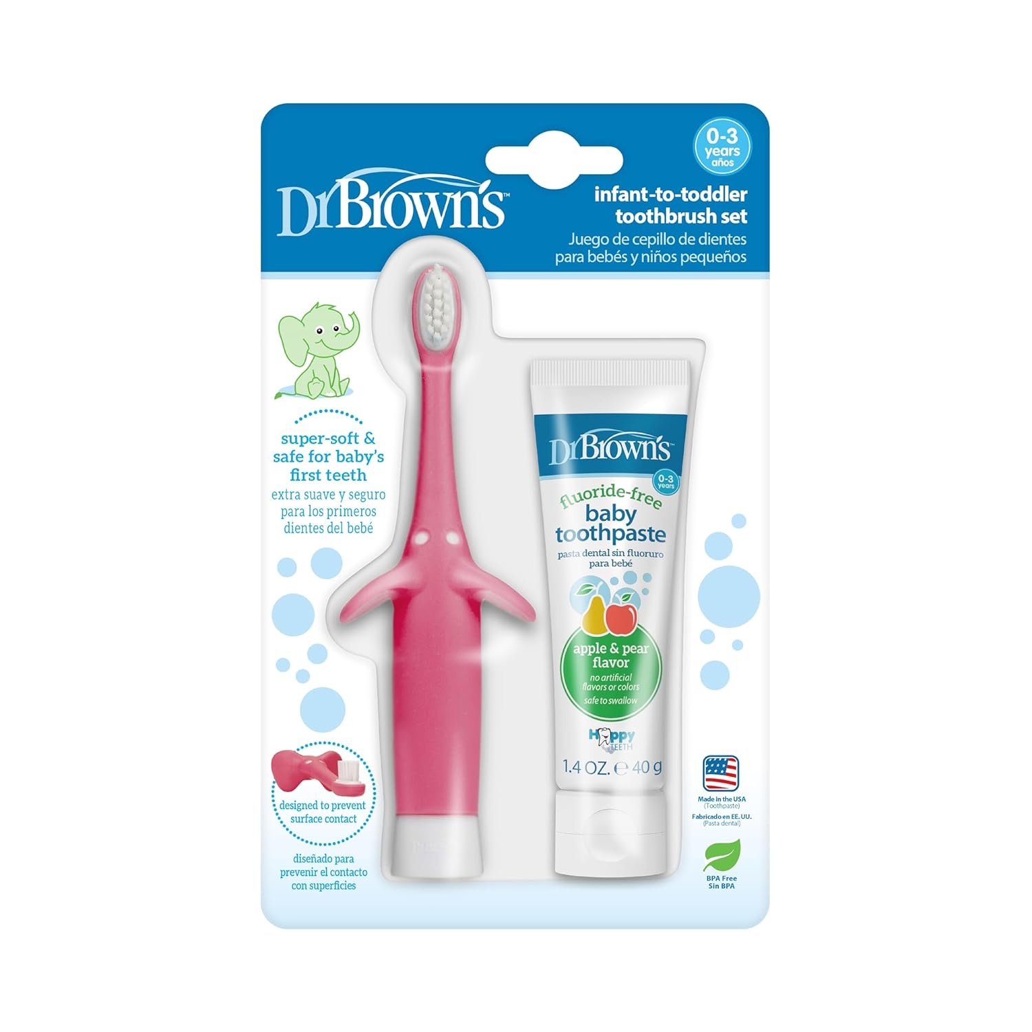 image:imageDr Browns InfantToToddler Toothbrush Sets Pink Elephant amp Giraffe with FluorideFree Baby Toothpastes 03 Years