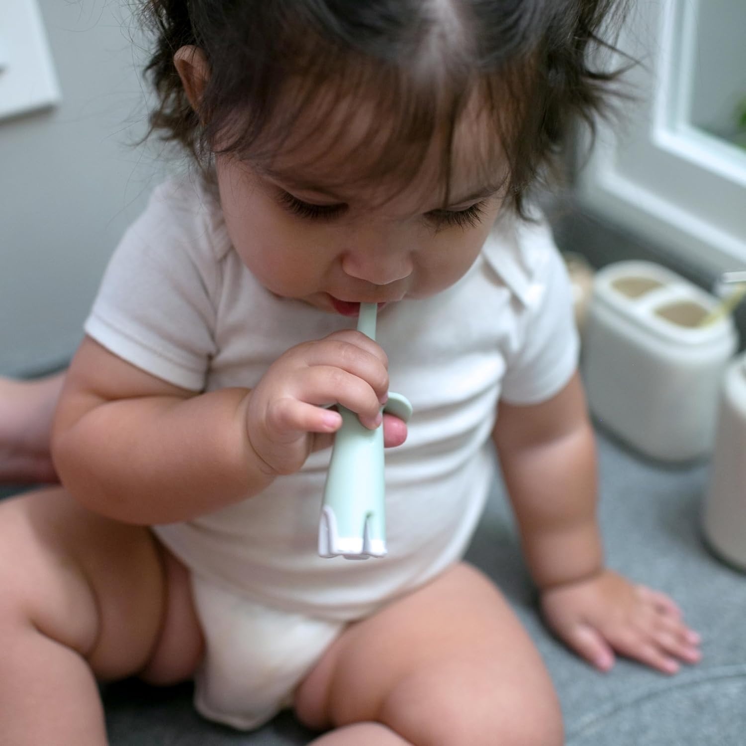 image:imageDr Browns InfanttoToddler Training Toothbrush Set Mint Elephant with FluorideFree Strawberry Baby Toothpaste 03 years