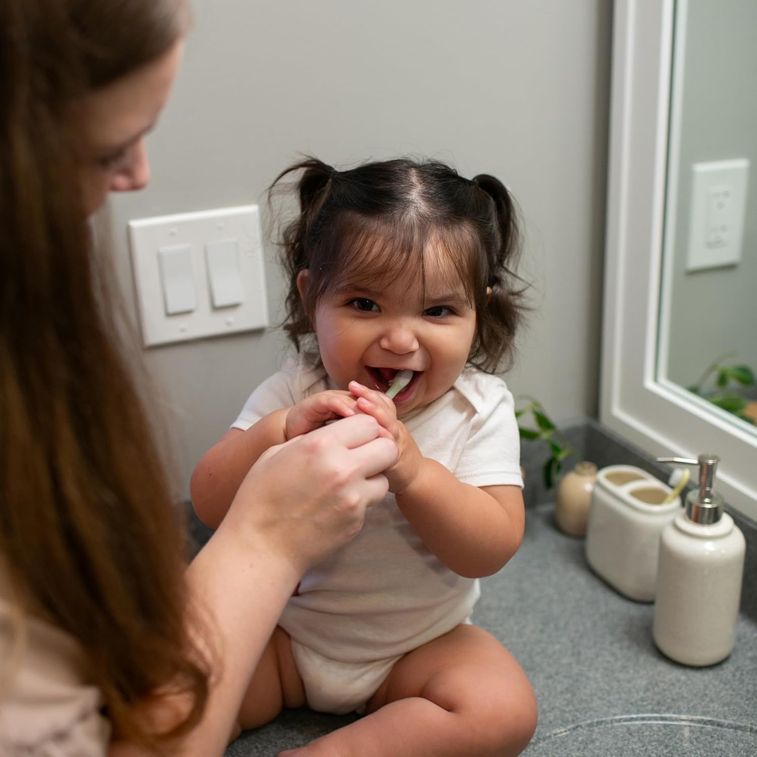 image:imageDr Browns InfanttoToddler Training Toothbrush Set Mint Elephant with FluorideFree Strawberry Baby Toothpaste 03 years