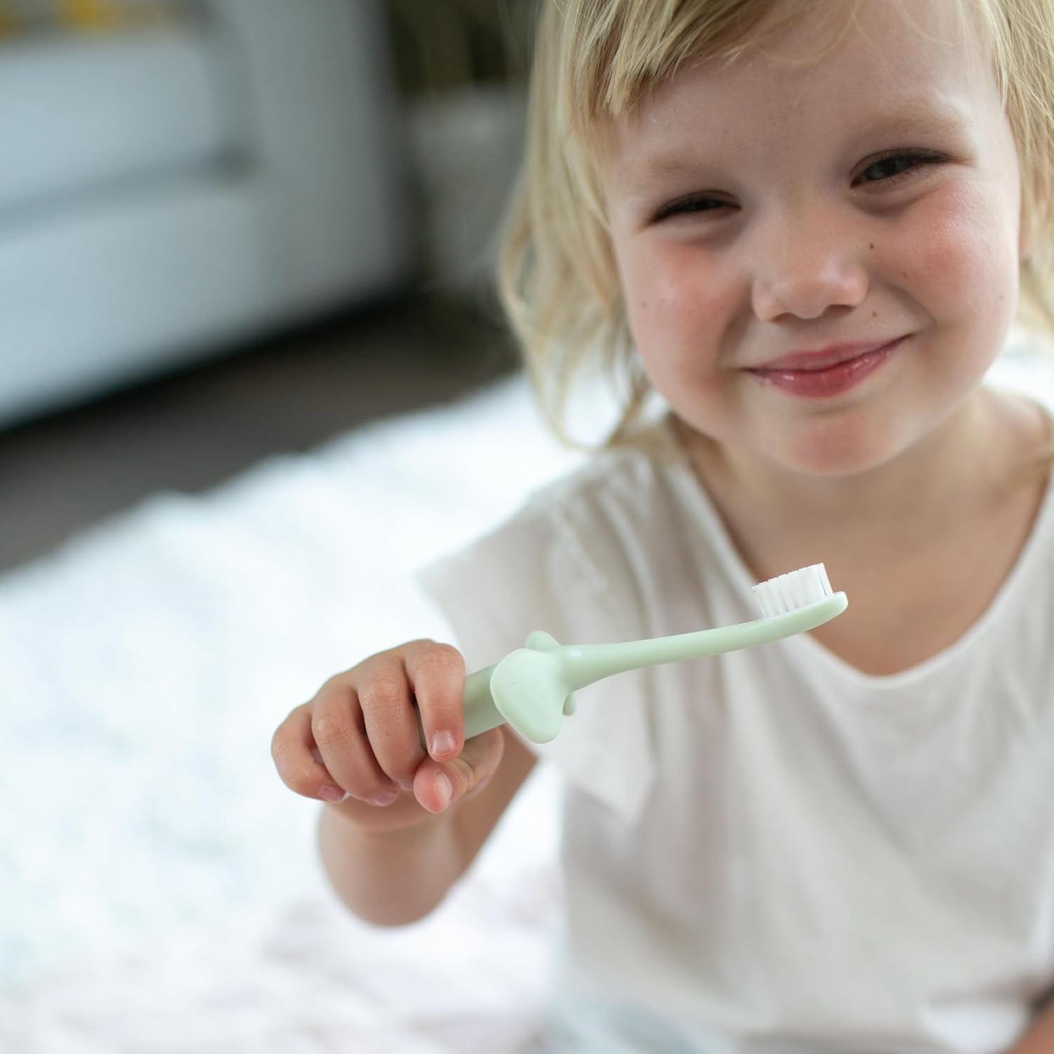 image:imageDr Browns InfanttoToddler Training Toothbrush Set Mint Elephant with FluorideFree Strawberry Baby Toothpaste 03 years