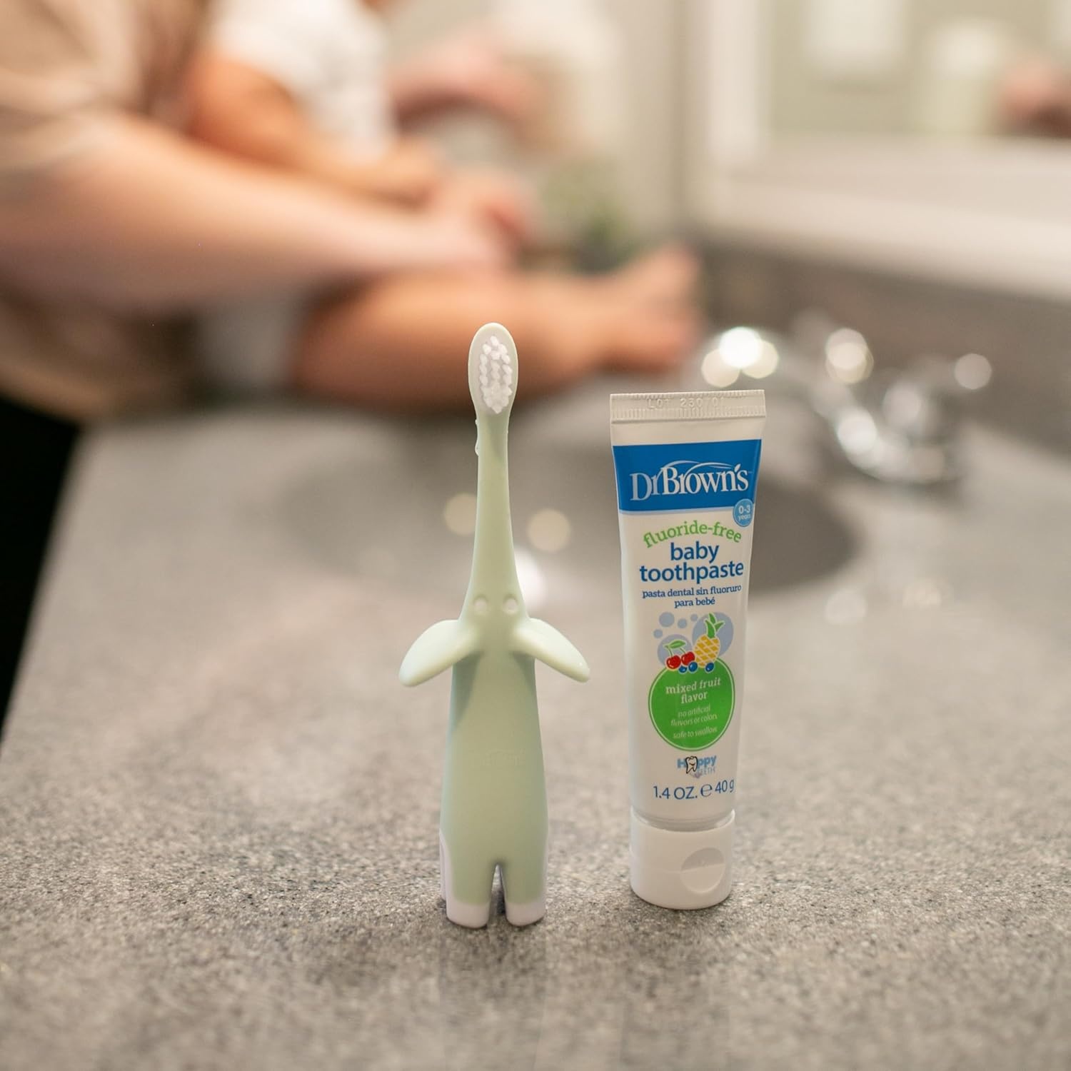 image:imageDr Browns InfanttoToddler Training Toothbrush Set Mint Elephant with FluorideFree Strawberry Baby Toothpaste 03 years