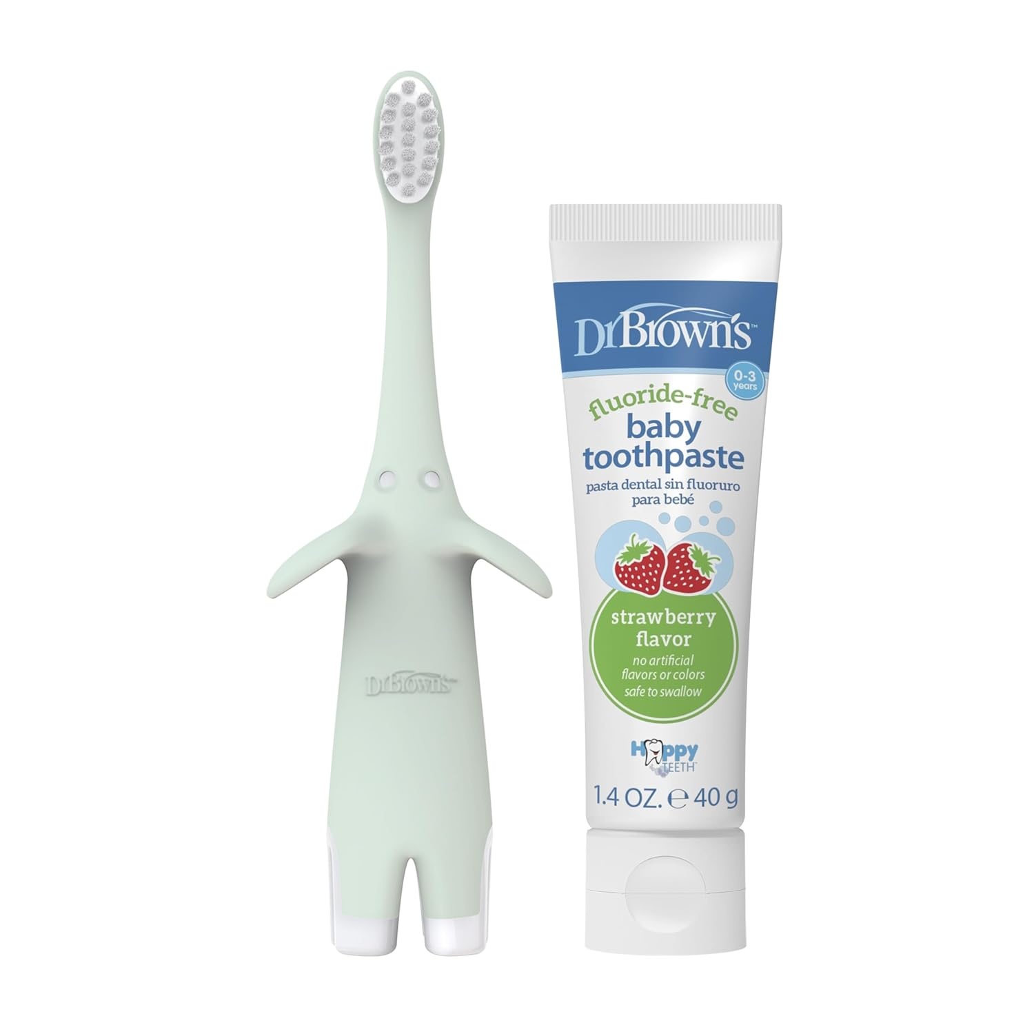 image:imageDr Browns InfanttoToddler Training Toothbrush Set Mint Elephant with FluorideFree Strawberry Baby Toothpaste 03 years