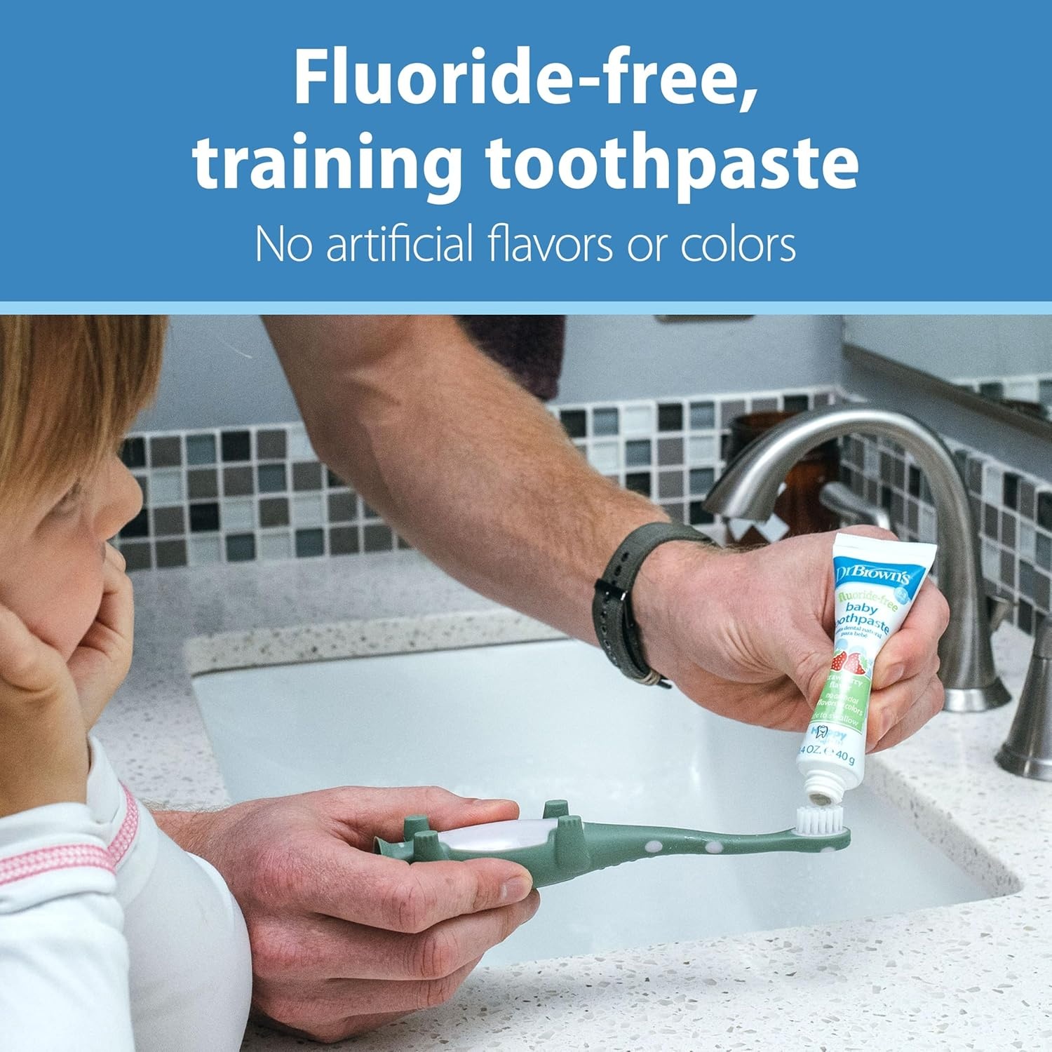 image:imageDr Browns InfanttoToddler Training Toothbrush Set Mint Elephant with FluorideFree Strawberry Baby Toothpaste 03 years