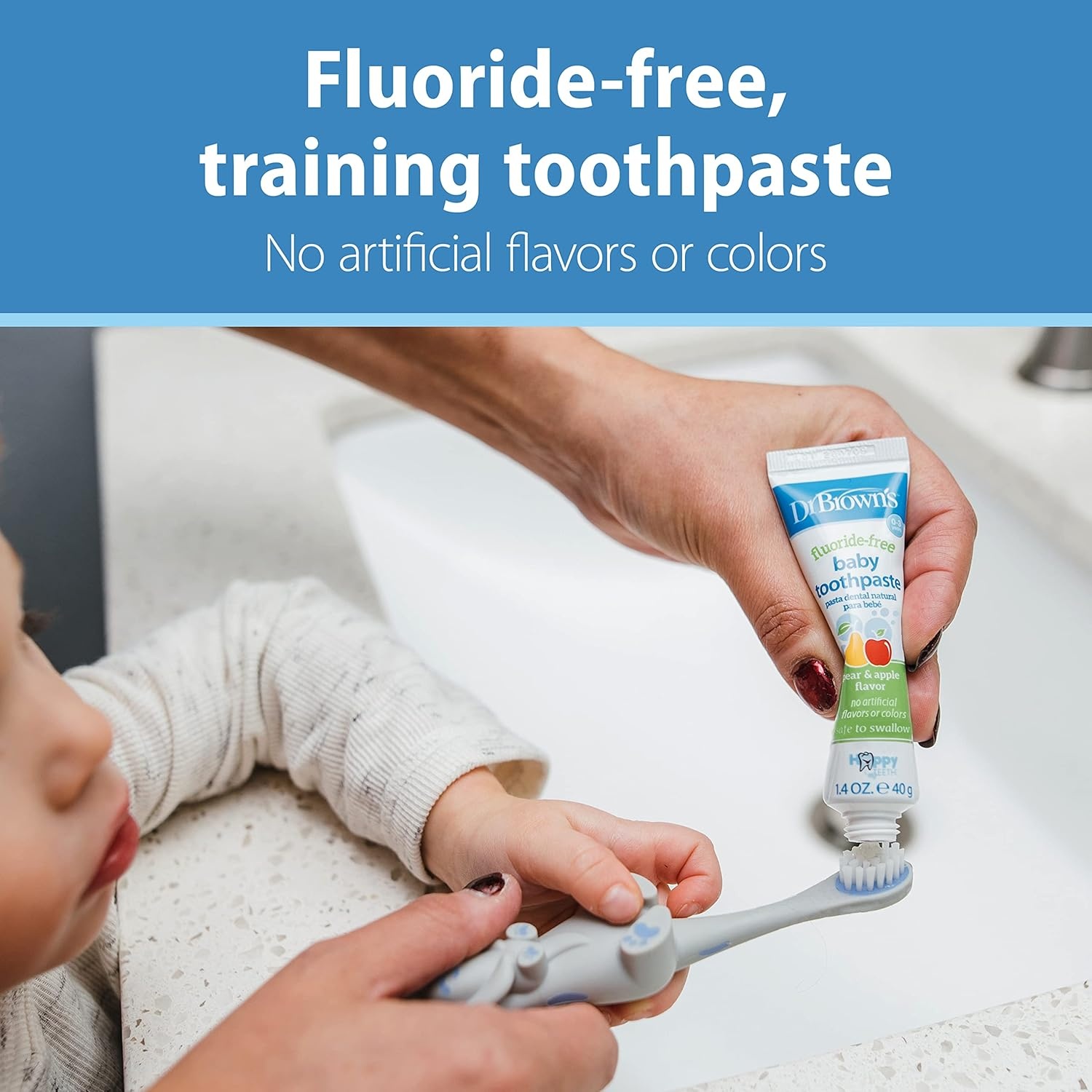 image:imageDr Browns InfanttoToddler Training Toothbrush Set Pink Elephant amp FluorideFree Baby Toothpaste Safe to Swallow Apple Pear 1Pack 14oz40g 03 Years