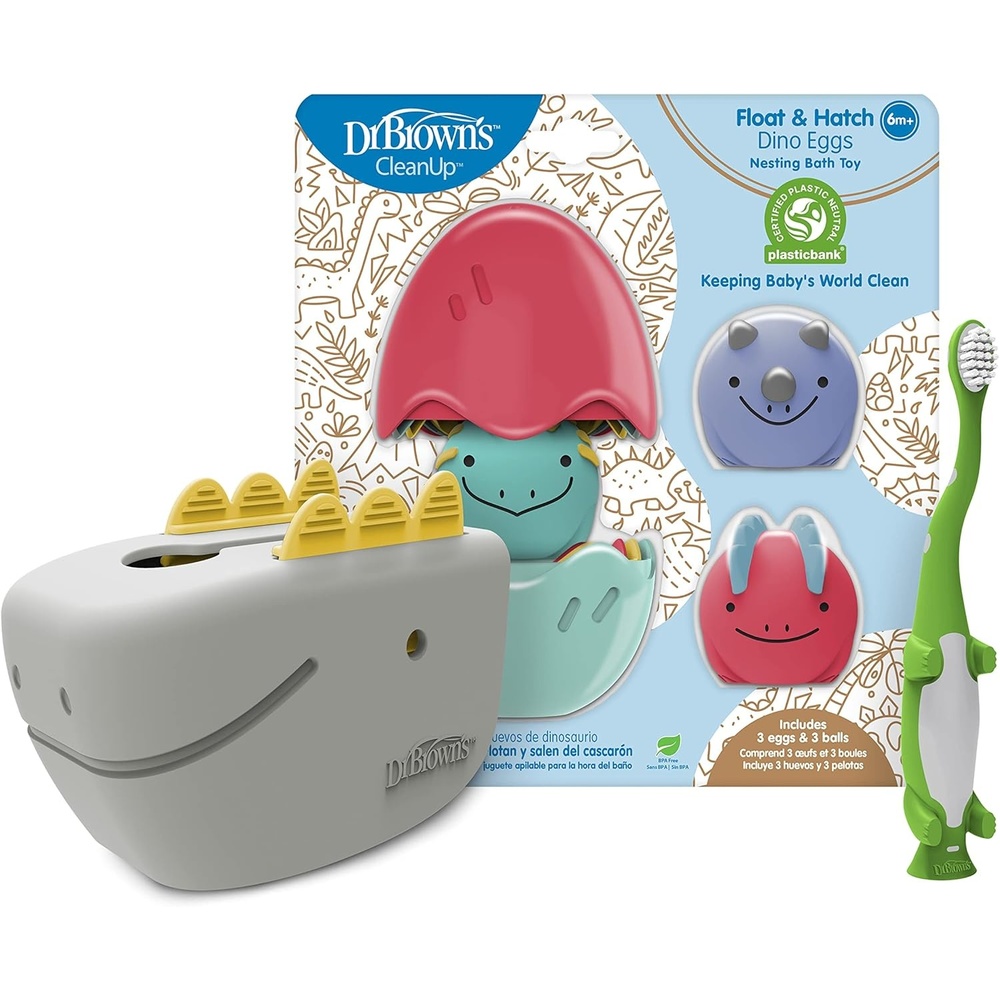 image:imageDr Browns Baby and Toddler Toothbrush Green Dinosaur 1Pack 14 Years CleanUp Float amp Hatch Dino Eggs Bath Toy 6m DinoSoft Baby Bath Spout Cover BPA Free Certified Plastic NeutralDino Hatch Eggs Dino Bath Spout Cover and Green Dino Toothbrush