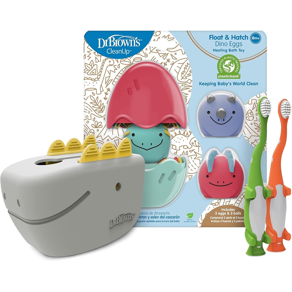 image:imageDr Browns Baby and Toddler Toothbrush Green Dinosaur 1Pack 14 Years CleanUp Float amp Hatch Dino Eggs Bath Toy 6m DinoSoft Baby Bath Spout Cover BPA Free Certified Plastic NeutralDino Hatch Eggs Dino Bath Spout Cover and Orange and Green Dino Toothbrushes