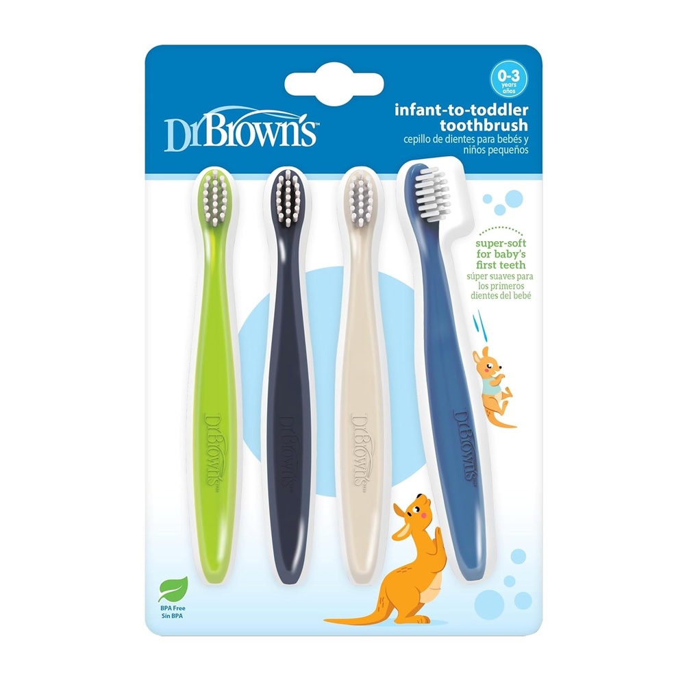 image:imageDr Browns InfanttoToddler Toothbrush Set Soft amp Gentle Manual Toothbrushes for Baby GreenDark BlueEcruBlue BPA Free 03 Years 4Pack4Pack GreenDark BlueEcruBlue