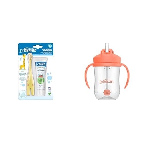 image:imageDr Browns InfanttoToddler Training Toothbrush Set FluorideFree Baby Toothpaste Strawberry amp Milestones Babys First Straw Cup Cup Weighted Straw Coral 6m