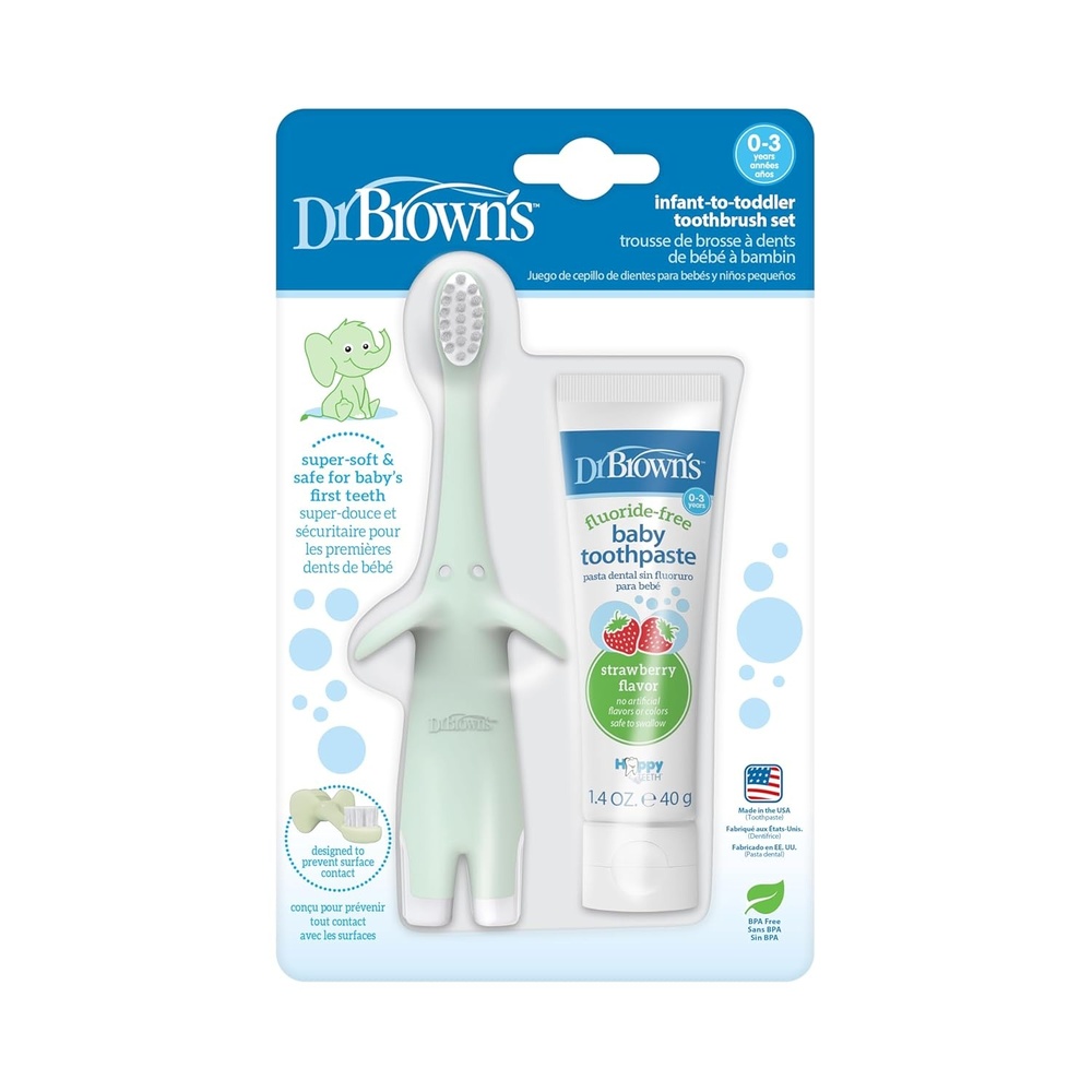 image:imageDr Browns InfanttoToddler Training Toothbrush Set Mint Elephant with FluorideFree Strawberry Baby Toothpaste 03 years