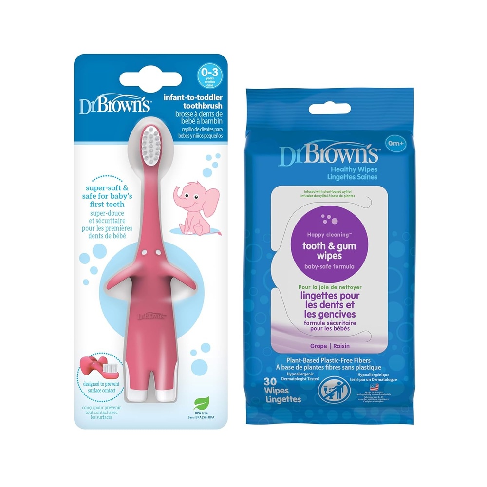 image:imageDr Browns InfanttoToddler Training Toothbrush Soft for Babys First Teeth Pink Elephant 03 Years and Tooth and Gum Wipes 30 Count