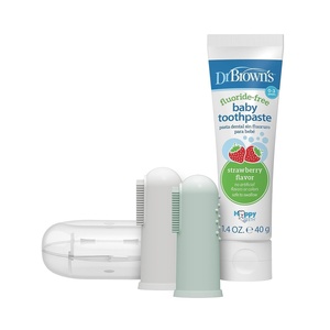 image:imageDr Browns 100 Silicone Baby Finger Toothbrush and Toothpaste Set 2Pack Toothbrush with Storage Case FluorideFree Strawberry Toddler Toothpaste Gray amp LightGreen