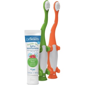 image:imageDr Browns Baby and Toddler Toothbrush Set Orange and Green Dinosaur 2Pack with Strawberry Flavor ToothpasteVariety Pack  Strawberry  Dinos