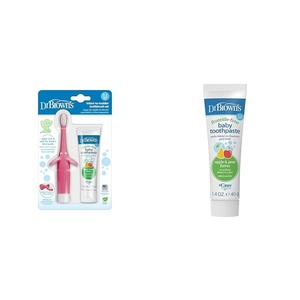 image:imageDr Browns InfanttoToddler Training Toothbrush Set Pink Elephant amp FluorideFree Baby Toothpaste Safe to Swallow Apple Pear 1Pack 14oz40g 03 Years