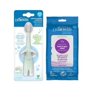 image:imageDr Browns InfanttoToddler Training Toothbrush Soft for Babys First Teeth Mint Elephant 03 Years and Tooth and Gum Wipes 30 Count