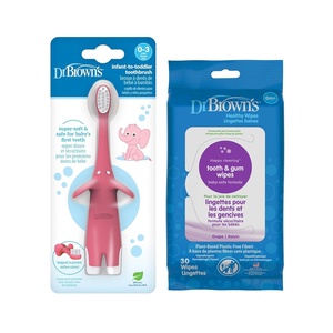 image:imageDr Browns InfanttoToddler Training Toothbrush Soft for Babys First Teeth Pink Elephant 03 Years and Tooth and Gum Wipes 30 Count