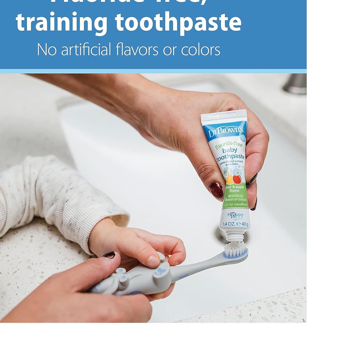 image:imageDr Browns InfanttoToddler Elephant Toothbrush and FluorideFree Strawberry Baby Toothpaste Set with Apple Pear Toothpaste 03 Years