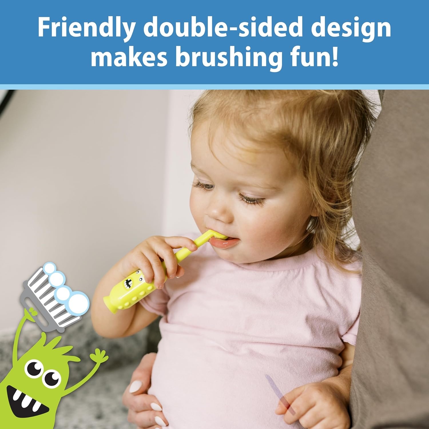 image:imageDr Browns ToothScrubber Toddler Toothbrush TripleSided Training Toothbrush with Suction Cup Base Green Monster Baby Oral Care Ages 14 Years1 Pack Green Monster