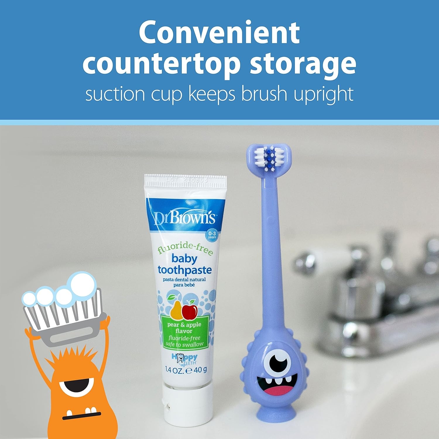 image:imageDr Browns ToothScrubber Toddler Toothbrush TripleSided Training Toothbrush with Suction Cup Base Green Monster Baby Oral Care Ages 14 Years1 Pack Purple Monster