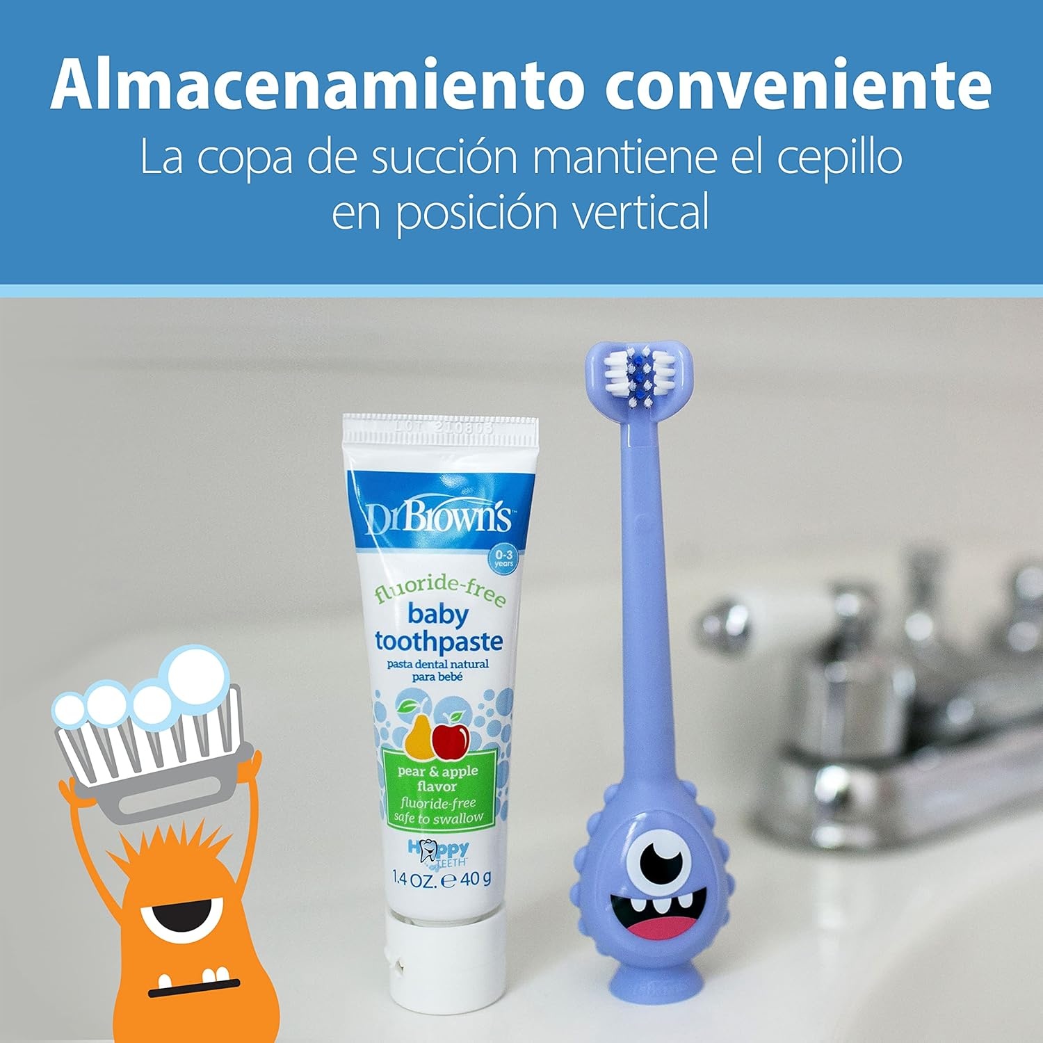 image:imageDr Browns ToothScrubber Toddler Toothbrush TripleSided Training Toothbrush with Suction Cup Base Green Monster Baby Oral Care Ages 14 Years1 Pack Purple Monster
