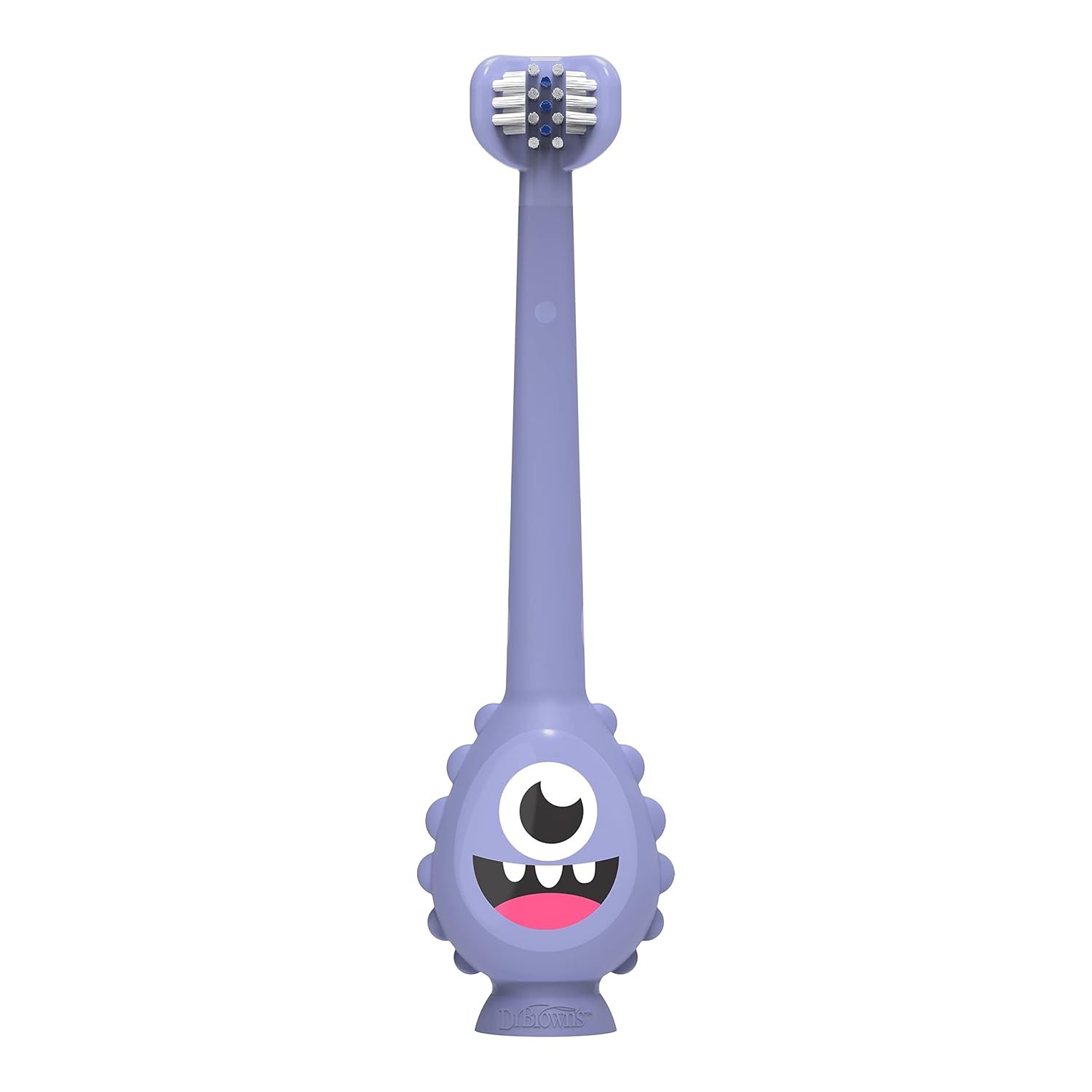 image:imageDr Browns ToothScrubber Toddler Toothbrush TripleSided Training Toothbrush with Suction Cup Base Green Monster Baby Oral Care Ages 14 Years2 Pack Toddler Toothbrush Purple Monster Flamingo