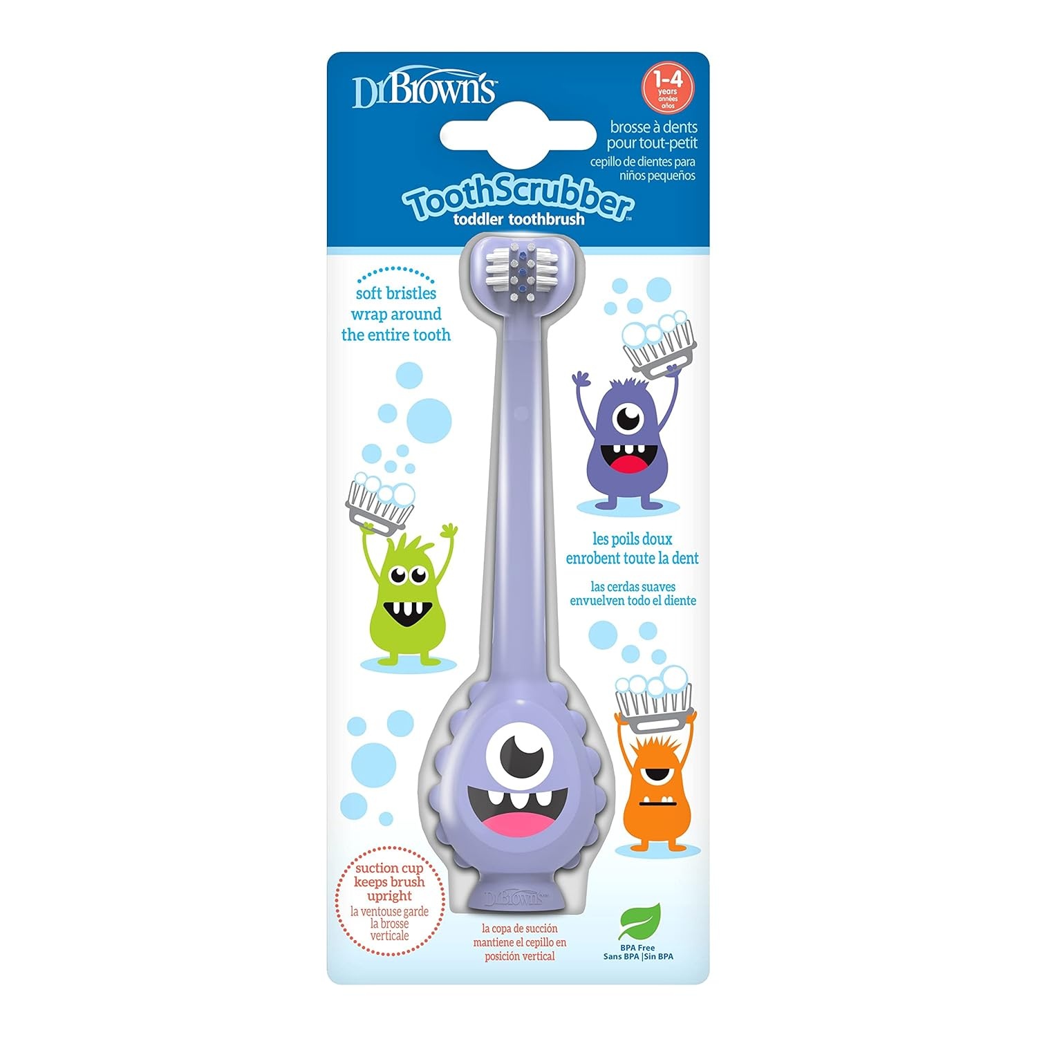 image:imageDr Browns ToothScrubber Toddler Toothbrush TripleSided Training Toothbrush with Suction Cup Base Green Monster Baby Oral Care Ages 14 Years2 Pack Toddler Toothbrush Purple Monster Flamingo