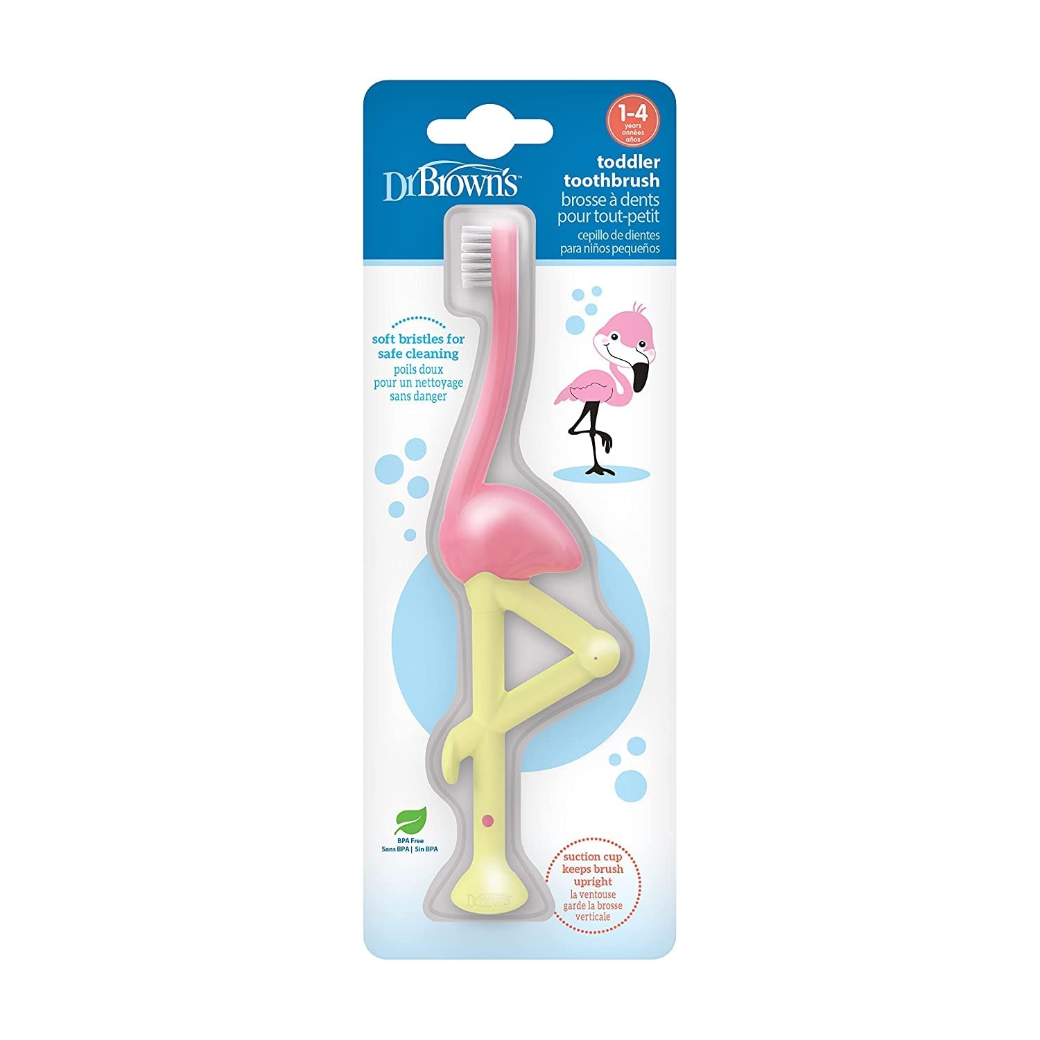image:imageDr Browns ToothScrubber Toddler Toothbrush TripleSided Training Toothbrush with Suction Cup Base Green Monster Baby Oral Care Ages 14 Years2 Pack Toddler Toothbrush Purple Monster Flamingo