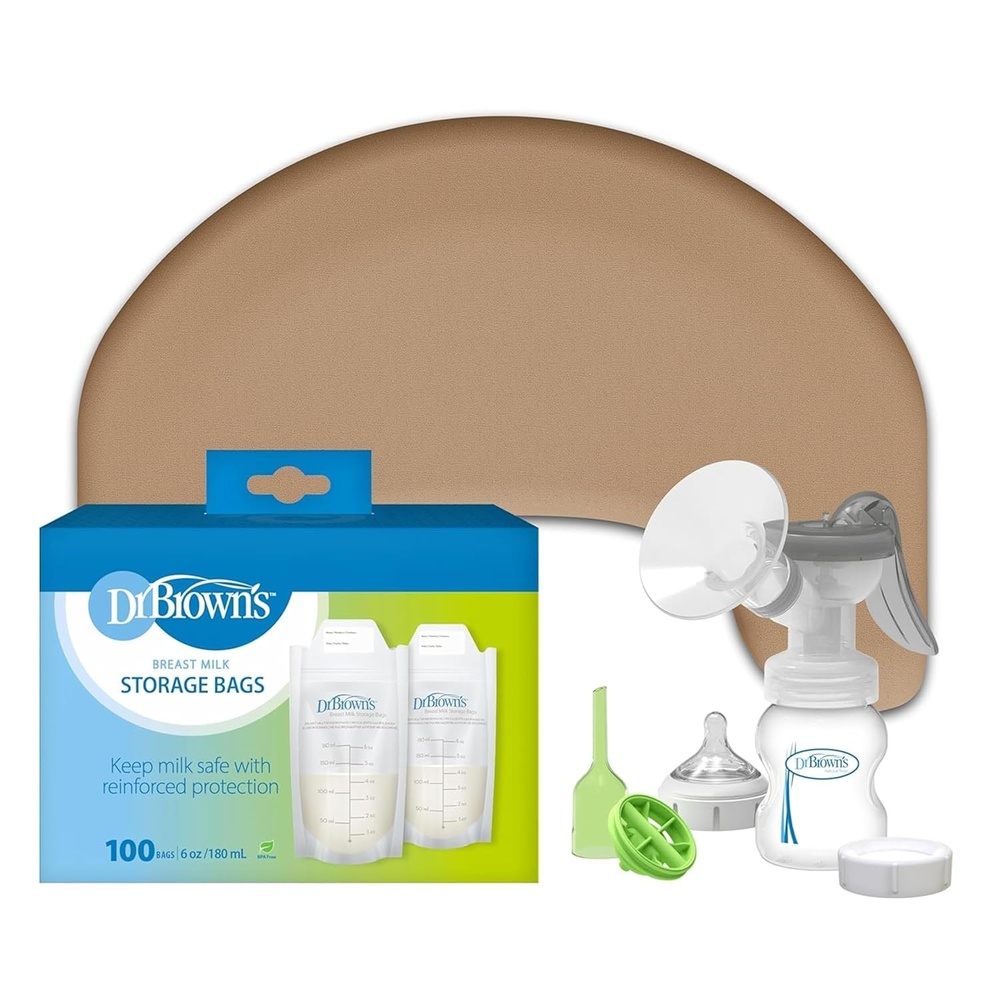 image:imageDr Browns Feeding Support Pillow with Cover Gentle Biege amp Manual Breast Pump amp Breast Milk Storage Bags 100 ct 6 oz Bags BPA free