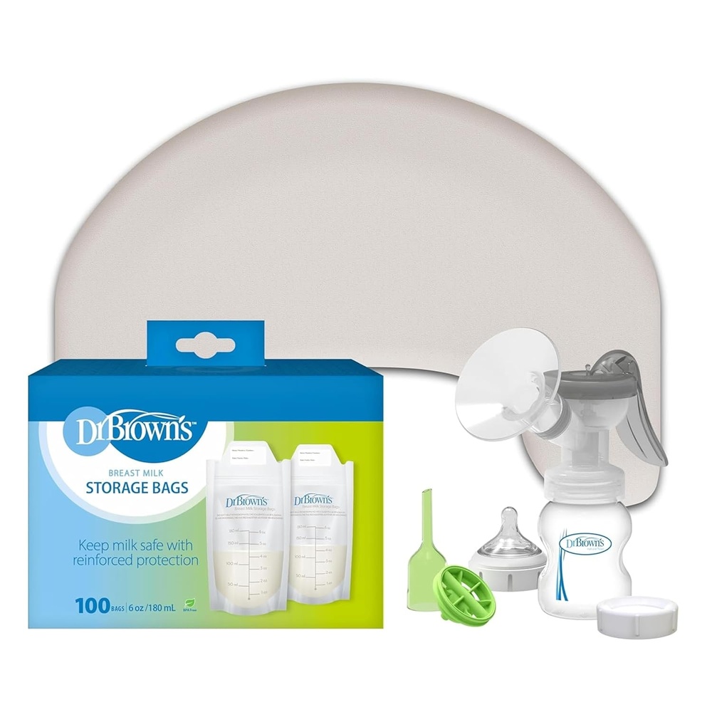 image:imageDr Browns Feeding Support Pillow with Cover Light Gray amp Manual Breast Pump amp Breast Milk Storage Bags 100 ct 6 oz Bags BPA free