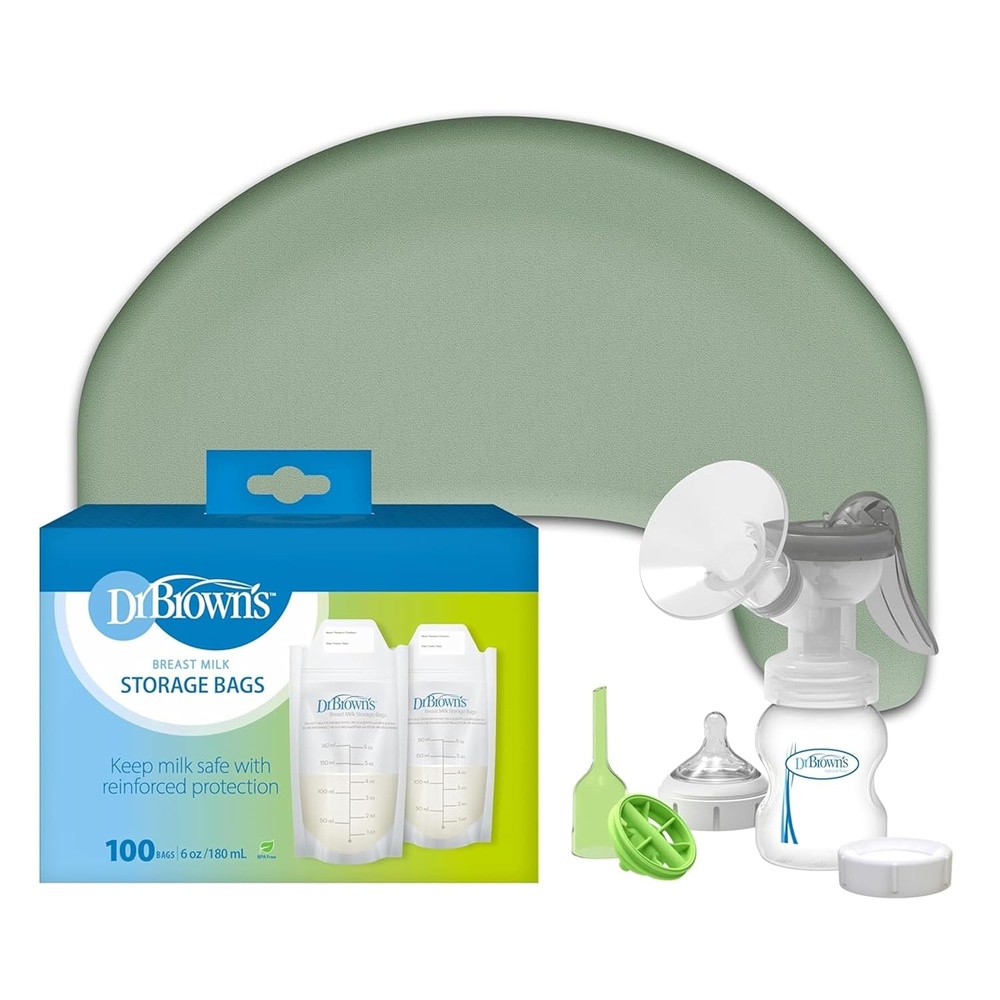 image:imageDr Browns Feeding Support Pillow with Cover Storm Green amp Manual Breast Pump amp Breast Milk Storage Bags 100 ct 6 oz Bags BPA free