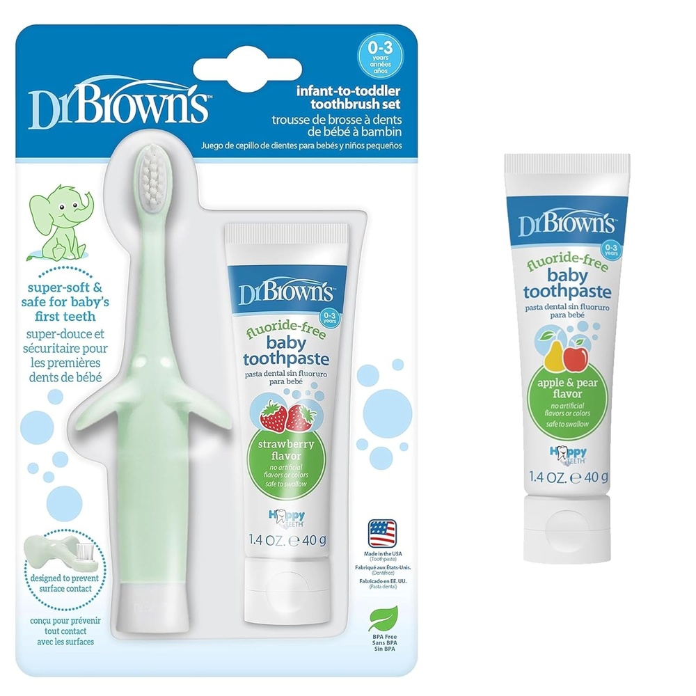 image:imageDr Browns InfanttoToddler Elephant Toothbrush and FluorideFree Strawberry Baby Toothpaste Set with Apple Pear Toothpaste 03 Years