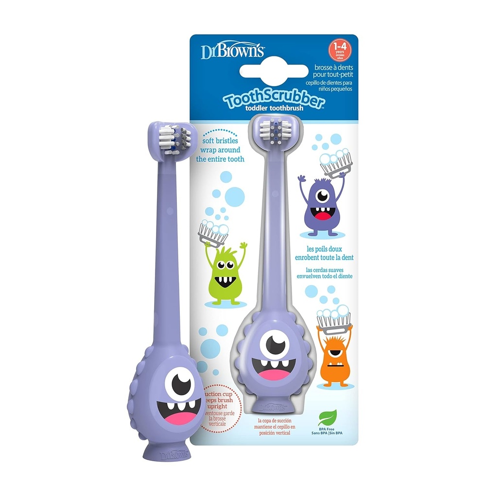 image:imageDr Browns ToothScrubber Toddler Toothbrush TripleSided Training Toothbrush with Suction Cup Base Green Monster Baby Oral Care Ages 14 Years1 Pack Purple Monster