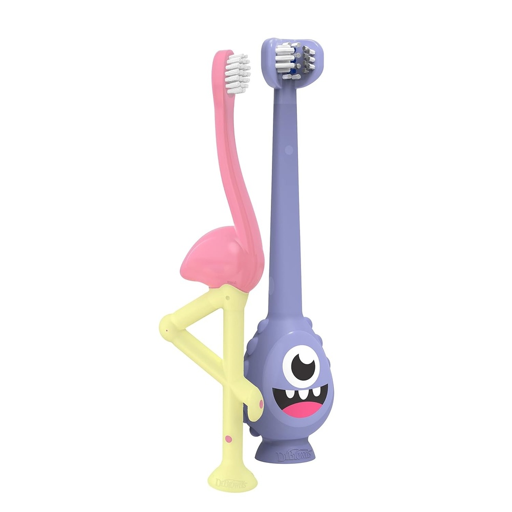 image:imageDr Browns ToothScrubber Toddler Toothbrush TripleSided Training Toothbrush with Suction Cup Base Green Monster Baby Oral Care Ages 14 Years2 Pack Toddler Toothbrush Purple Monster Flamingo